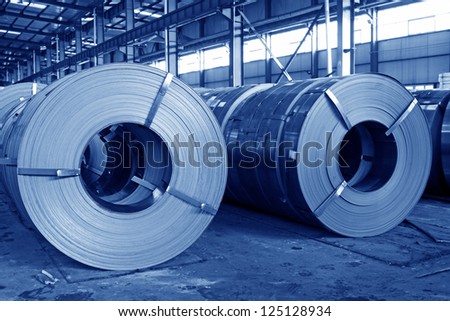 Hot rolled strip steel products in a warehouse