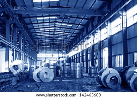 steel products piled up in the workshop , China.