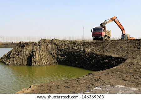 busy excavator at the construction site of water conservancy project