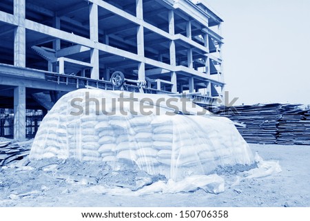 bagged cement in a construction site
