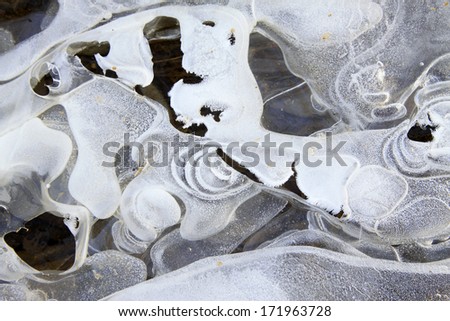 Winter ice texture on the surface of the river, closeup of photo