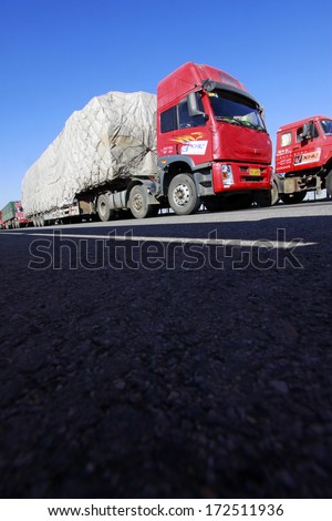 Tianjin - December 9: Heavy Duty Trucks Stopped On The Highway Because Of The Traffic Jam, On December 9, 2013, Tianjin, China.