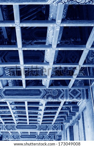 ceiling paint, Chinese traditional landscape architecture, closeup of photo