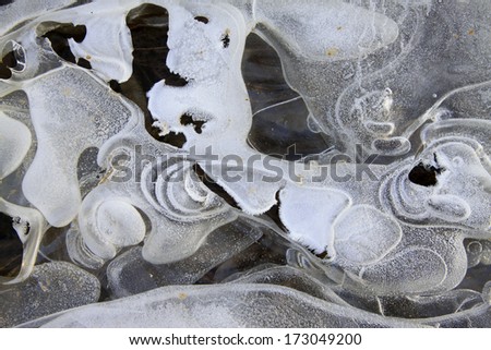 Winter ice texture on the surface of the river, closeup of photo