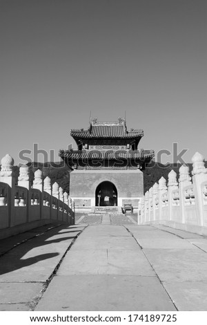 ZUNHUA, CHINA - DECEMBER 15: ancient Chinese traditional style of buildings landscape, in the Eastern Tombs of the Qing Dynasty, on december 15, 2013, ZunHua, hebei province, China.