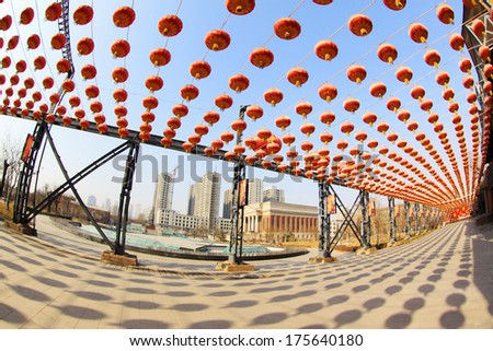 TANGSHAN, CHINA - JANUARY 2: The red lanterns hanging in the sky, in the Kailuan national mine park, on January 2, 2014, tangshan city, hebei province, China.
