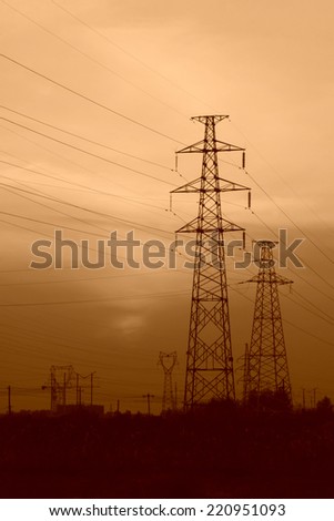 electric tower in the pink sky, steel power transmission facilities