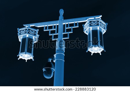 traditional style of lighting equipment and modern monitoring equipment in the Jingshan Park, beijing, china