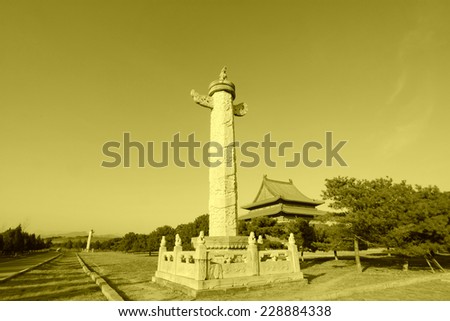 memorial hall and the ornamental columns erected in front of tombs building landscape, in the Eastern Tombs of the Qing Dynasty, on december 15, 2013, ZunHua, hebei province, China.
