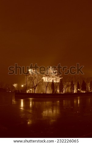 Southwest turrets of the Forbidden City at night, on december 22, 2013, beijing, china.