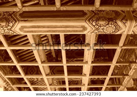 ceiling paint, Chinese traditional landscape architecture, closeup of photo