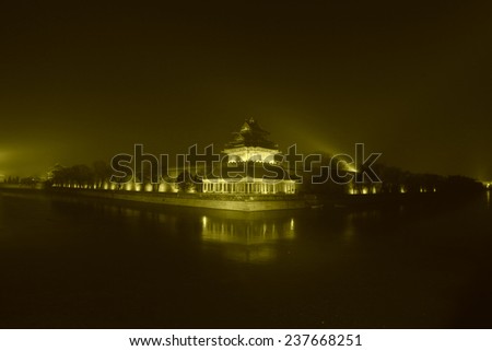 Northwest turrets of the Forbidden City at night, on december 22, 2013, beijing, china.
