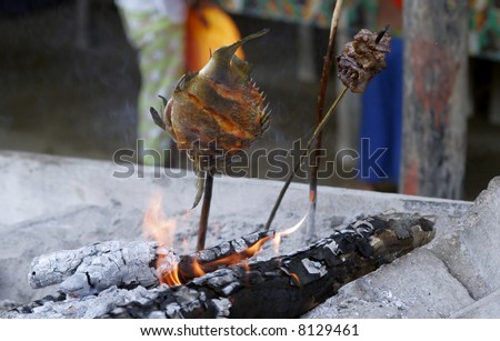 Fish and beef on an outdoor grill