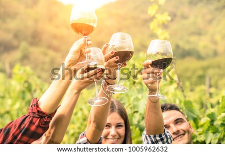 Friends hands toasting red wine glass and having fun cheering at winetasting experience - Young people enjoying harvest time together at farmhouse vineyard countryside - Youth and friendship concept