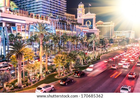 Las Vegas - December 7, 2013: Traffic Jam On Las Vegas Boulevard, Simply Known As &Quot; Strip &Quot;. The Strip Was Reportedly Named By Los Angeles Police Officer Guy Mcafee, After His Hometown\'S Sunset Strip.