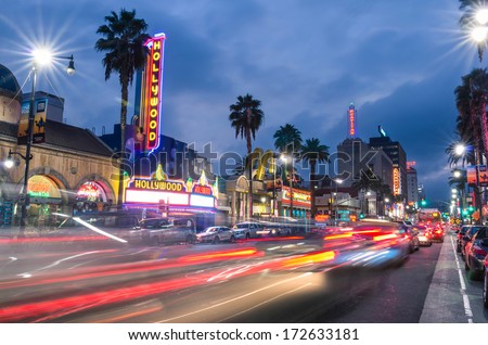 LOS ANGELES - DECEMBER 18, 2013: View of Hollywood Boulevard by night. In 1958, the Hollywood Walk of Fame was created on this street as a tribute to artists working in the entertainment industry.