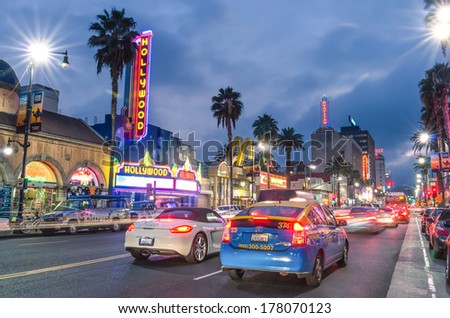 LOS ANGELES - DECEMBER 18, 2013: View of Hollywood Boulevard by night. In 1958, the Hollywood Walk of Fame was created on this street as a tribute to artists working in the entertainment industry.