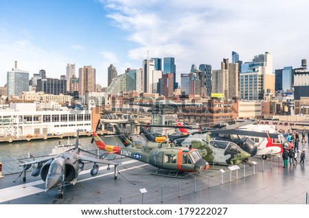 NEW YORK CITY - NOVEMBER 23, 2013: Military jets and helicopters in the navy ship USS Intrepid. Decommissioned in 1974, in 1982 Intrepid became the foundation of the Intrepid Sea, Air & Space Museum