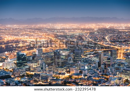 Aerial view of Cape Town from Signal Hill after sunset during the blue hour - South Africa modern city with spectacular nightscape panorama