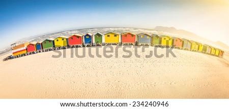 Multicolored beach huts at St James seaside near Simon Town - Atlantic pacific coast near Cape Town in South Africa