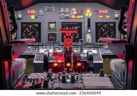 Cockpit of an homemade Flight Simulator - Concept of aerospace industry development - Flying simulation school for aviation learning pilots