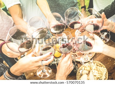 Friends hands toasting red wine glass and having fun outdoors cheering with winetasting - Young people enjoying harvest time together at farmhouse vineyard countryside - Youth and friendship concept