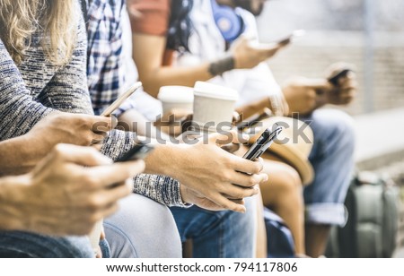 Multicultural friends group using smartphone with coffee at university college break - People hands addicted by mobile smart phone - Technology concept with connected trendy millennials - Filter image