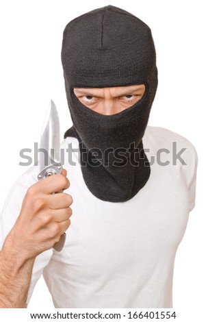 Man in black mask with knife isolated on white background