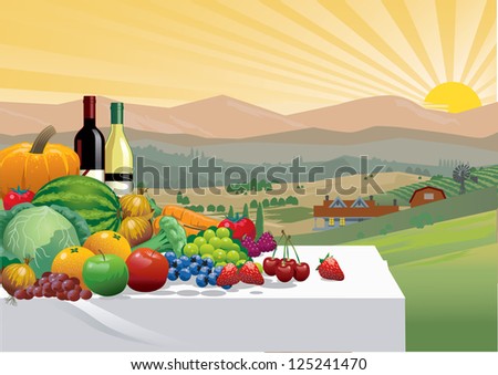 Farm and orchard produce with wine bottles on a table with a sunrise background of countryside and farmhouse,