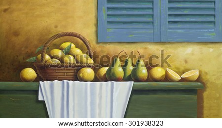Amalfi Lemons with Pears. Fruit on an old sideboard with stressed walls and shutters of an Italian window behind. Old masters style painting.