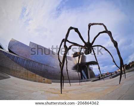 BILBAO, SPAIN - MARCH 8, 2013: Maman - spider sculpture by the artist Louise Bourgeois in front of The Guggenheim Museum in Bilbao, Biscay, Basque Country, Spain