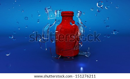 red bottle on a blue background with effect of fragile glass or scattering splashes