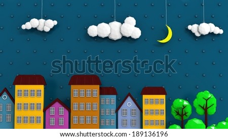 Silhouette of the city and night with stars and moon at the sky.