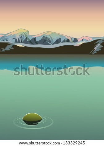 Swamp landscape with mountains and tussocks in the sunset background. Vector