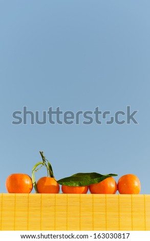 A vertical shot of tangerines in a line on a yellow bamboo mat in front of the blue sky
