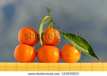 A pile of dark orange tangerines with a green leaf piled on a yellow bamboo mat on blurry background