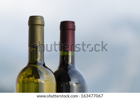 Red wine and white wine bottle necks
