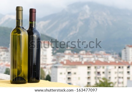 Two wine bottles outside in front of a balkan town and a mountain