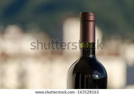 A closeup shot of a red wine bottle neck with sunny and blurry background
