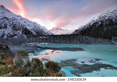 Sunset at Mueller Glacier Aoraki Mt Cook National Par, South Island, New Zealand