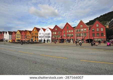 BERGEN, NORWAY - SEPTEMBER,29: The Hanseatic Wharf waterfront pedestrian area in Bergen is a UNESCO World Heritage site with shops and open-air cafes on September 26, 2013, in Bergen, Norway.