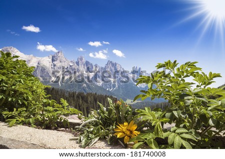 Panorama of the Pale di San Martino in Spring. Italy.
