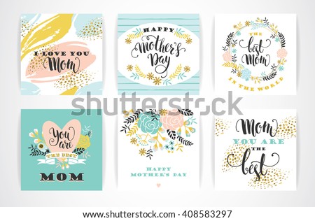 Set of Happy Mothers Day lettering greeting cards with Flowers. Vector illustration.