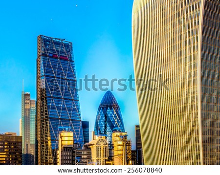 LONDON, UK - FEB 15, 2015: Cheesegrater, Gherkin and Walkie Talkie Buildings, on February 15, 2015 in London, England. Gherkin is 180 meters tall and stands in the City of London Financial District.