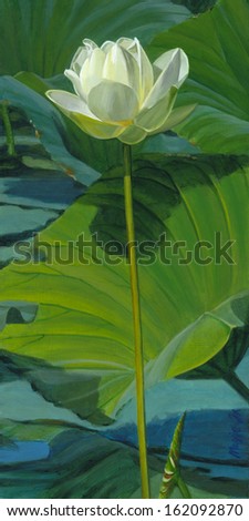 Painting Of A Single Tall White Lotus Flower, Acrylics On Canvas