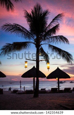 Blue pink and red sunset over sea beach with palmtree silhouette