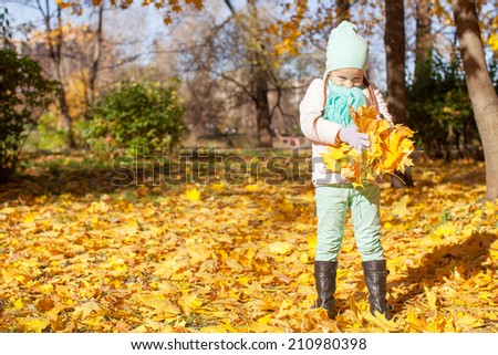 Little cute girl on the autumn meadow in a sunny fall day