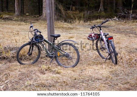 two mountain bicycles stand near the forest