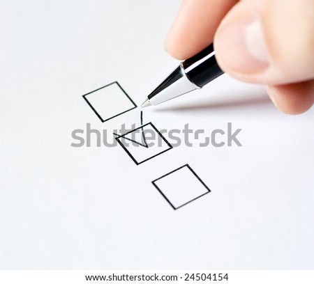 Hand with pen and check box, isolated on white background