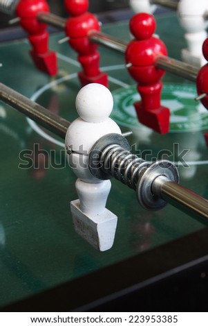Closeup football table game with red and white player